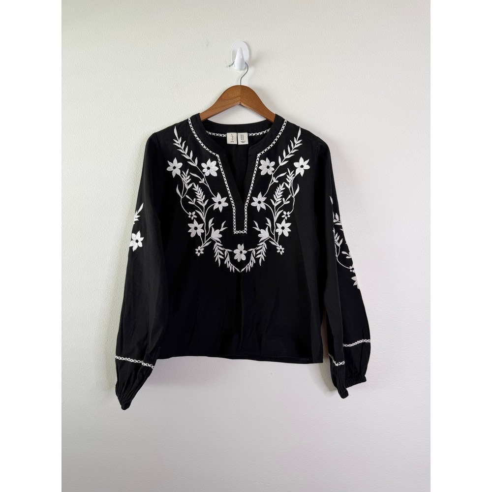 Joie Medium Black White Embroidered Boho Blouse Cotton Flax Floral Peasant Top - Picture 2 of 10